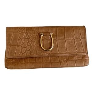 Kage Leather Croc Embossed Foldover Clutch Purse Caramel